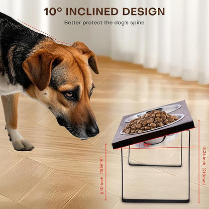 Elevated Dog Food and Water Bowl Set, Large Dog Bowl with Stand, Rustic Wooden Raised Feeder with Stainless Steel Bowls, Tilted Design for Medium and Large Dogs (Black)