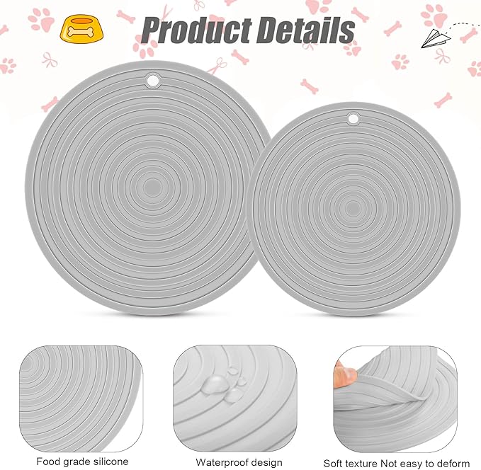 2 Pieces Silicone Pet Food Mat Pet Feeding Mat for Dog and Cat Food Bowl Placemat Preventing Food and Water Overflow Suitable for Medium and Small Pet, 9.5 x 9.5 Inch and 7.1 x 7.1 Inch (Gray)