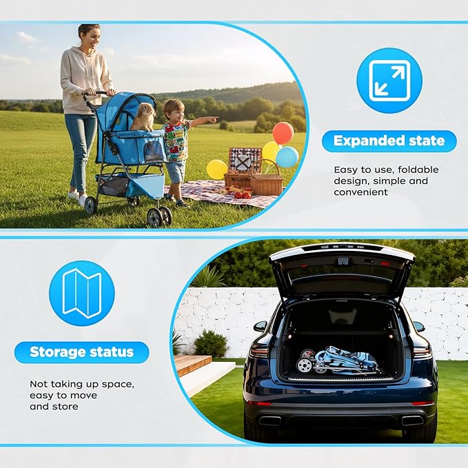 BestOffice Pet Stroller for Small Medium Dogs & Cats, 3-Wheel Foldable Dog Stroller with Cup Holder, Lightweight Travel Carrier, Waterproof Design for Outdoor Walks, Blue