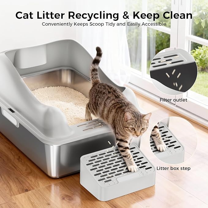 GTPLAYER Stainless Steel Litter Box for Big & Multiple Cats, Easy Clean Odor-Resistant Design, High Sided Leak-Proof Litter Box with Mat & Scoop – Grey 1 Pack