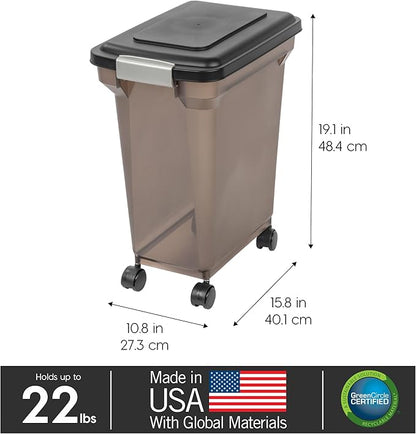 IRIS USA Dog Food Storage Container 22 lbs, WeatherPro Made in USA, Airtight Pet Food Storage Bin with Wheels for Dog Cat Bird Chicken Food, Holds Up to 22 lbs, Keep Fresh, BPA Free, Smoke