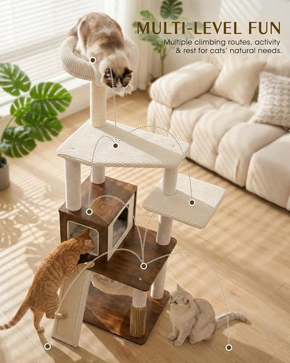 61" Modern Cat Tree Tower for Indoor Cats, Luxury Climbing Tower with Plush Lounge, Kitty Condos, Hammock & Scratching Posts, Classic cat Furniture (Rustin Brown)