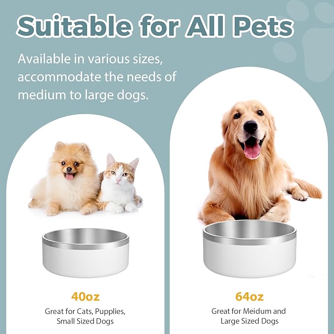 LIANLAI Stainless Steel Dog Bowls, Rust-Resistant Pet Bowls, Non Slip Dog Water Bowl, Versatile Feeding Bowls (White，40 oz)