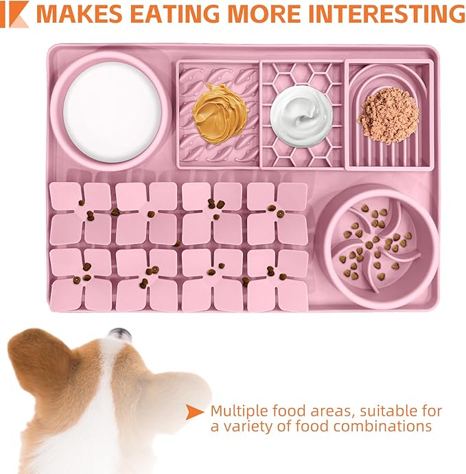 Lick Mat for Dogs Cats Includes Brush and Scraper, Snuffle Mat Silicone Anti-chocking Pet Dish, Non-Slip Dog Licking Bowl Interactive Entertainment Puzzle Toy Pink