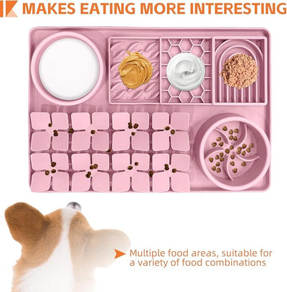 Lick Mat for Dogs Cats Includes Brush and Scraper, Snuffle Mat Silicone Anti-chocking Pet Dish, Non-Slip Dog Licking Bowl Interactive Entertainment Puzzle Toy Pink