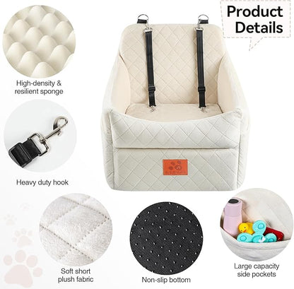 GL GLENSLAVE Dog Car Seat for Small/Medium Dogs, Dog Booster Car Seats with Thick Cushion for Dogs Under 35lbs, Detachable Washable Pet Carseat with Storage Pockets, 2 Safety Belts(Beige)