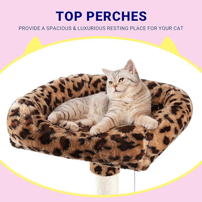 Allewie 73in Fan-Shaped Space-Saving Corner Cat Tower/Multi-Level Tall Cat Tree for Indoor Kitties/Cozy Baskets/Condos/House/Perches/Sisal Scratching Posts/Pet Activity Center/Leopard Print