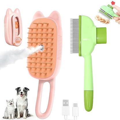 Cat Steam Brush for Shedding, 4 in 1 Rechargeable Steam Brush for Cats and Dogs, Anti-Static, Massage, flea comb for cats& Pet Removal Hair Glove,Shedding & Combing All In One!(Pink)