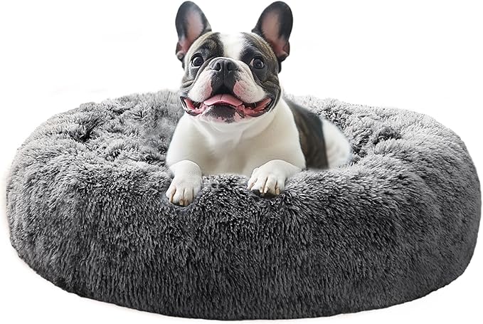 JOLLYVOGUE Calming Dog Beds Large Sized Dog, 36in Donut Washable Large Pet Bed, Anti-Slip & Anti-Anxiety Fluffy Faux Fur Round Dogs Bed, Fits up to 80 lbs Pets (Smoke Black)