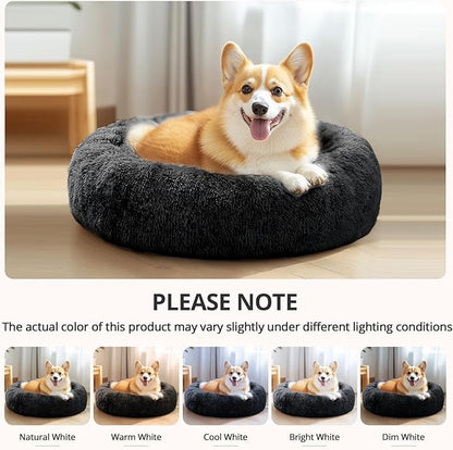 JOLLYVOGUE Calming Dog Bed Medium Size Dog, 31in Donut Washable Medium Pet Bed, Anti-Slip & Anti-Anxiety Fluffy Faux Fur Round Dogs Bed, Fits up to 45 lbs Pets (Black)