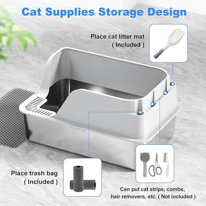 Non-Stick Stainless Steel Litter Box, XL Side Opening Splash-Proof & Leak-Proof Seamless Seal, Ellenpent Large Capacity, Cat Litter Box with Lid for Multi-Cats, Easy-Clean & Durable (White)