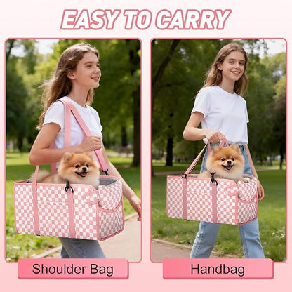 Portable Dog Car Seat for Small Dogs - Pet Booster Seat with Safety Leash & Anti-Collapse Design, Washable Cushion - Center Console Car Travel Carrier for Pets Up to 12 lbs, Pink Checkered
