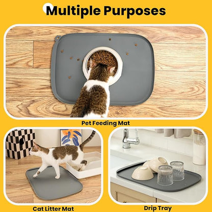 Silicone Dog Food Mat with Side Pocket & Hook Hole, Soft Raised Edges, Easy Clean Waterproof Non-Slip Pet Feeding Mat for Cats and Dogs Water Bowl, Pets Accessories(24"x16",Grey)