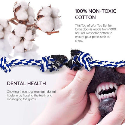 Rope Toys for Large Dogs & Puppies 4-Pack – Natural Cotton Rubber Tug-of-War Toy Set – Tough Dog Toys for Aggressive Chewers Improve Dental Hygiene – Machine-Washable Dog Rope Toy Ropes