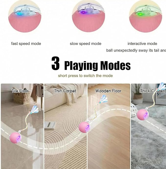 Interactive Dog Cat Toy Ball, Upgraded Rechargable Rolling Pet Ball with 2 Tails, Smart Automatic Moving Toy for Bored Indoor Kitty Puppy -Pink