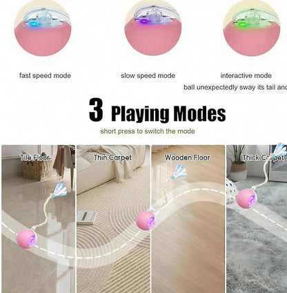 Interactive Dog Cat Toy Ball, Upgraded Rechargable Rolling Pet Ball with 2 Tails, Smart Automatic Moving Toy for Bored Indoor Kitty Puppy -Pink