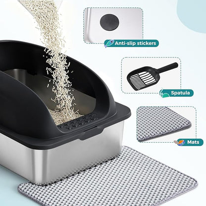OLIXIS Stainless Steel Cat Litter Box with Lid, Large Cat Litter Box for Big Cats, High Wall Sides, Anti-Urine Leakage, Easy Cleaning, Scoop and Mat Included, Black