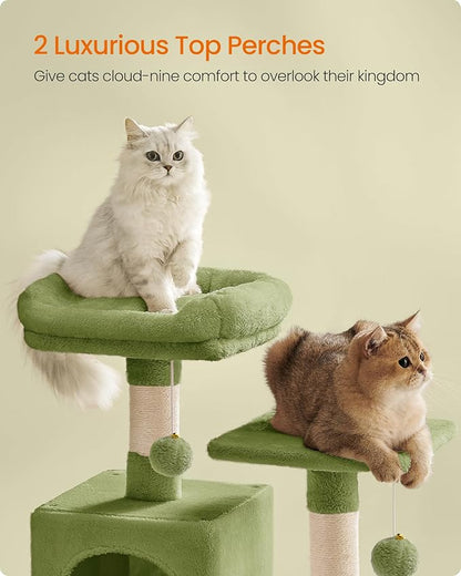 Feandrea Cat Tree, 59.5-Inch Tall Cat Tower, Plush Multi-Level Condo with 5 Scratching Posts, 2 Perches, 2 Caves, Hammock, 2 Pompoms, Grass Green UPCT192C02