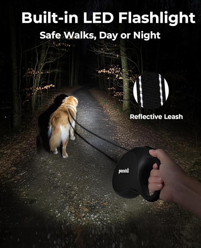 Pecute Retractable Dog Leash with Flashlight, 26ft Heavy Duty Retractable Pet Leash with Light, One-Button Control, Anti-Twist Protection, Reflective Leashes for Medium Large Pets Dogs Up to 110 lbs