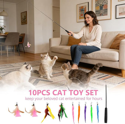 Hypeety Cat Toys for Indoor Cats Interactive Retractable Fishing Pole Wand with Refills Feathers Cat Teaser Wand with Feathers Cute and Funny Cat Toy Wand for Playtime Chase and Exercise 10PCS
