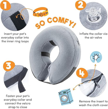 BENCMATE Inflatable Dog Cone Collar Alternative, Soft Dog Cone for Small Medium Large Dogs and Cats, Neck Recovery ECollar Donut Collar After Surgery (Medium+, Grey)