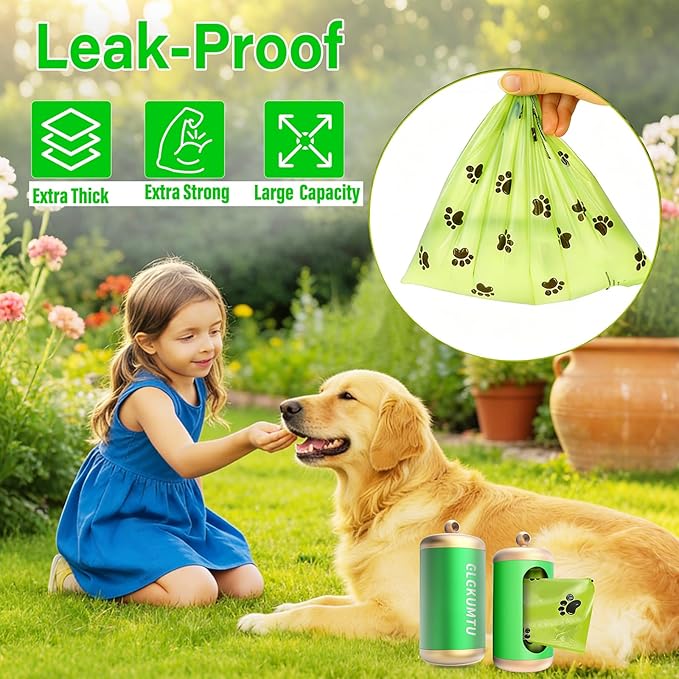 Dog Poop Bag Dispenser, Upgraded Aluminum Poop bag Holders for Leashes, Durable Leakproof Pet Waste Holder w/Carabiner Clip, 2 Rolls Waste Bags Included, Outdoor Dog Walking Travel (Green)