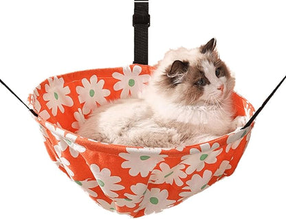 Cat Hammock Lounge Cat Hanging Bed for Cage Kennel Chair with Metal Frame, Adjustable Straps, Built-in Steel Support, Suitable for All Seasons (Orange,Large)