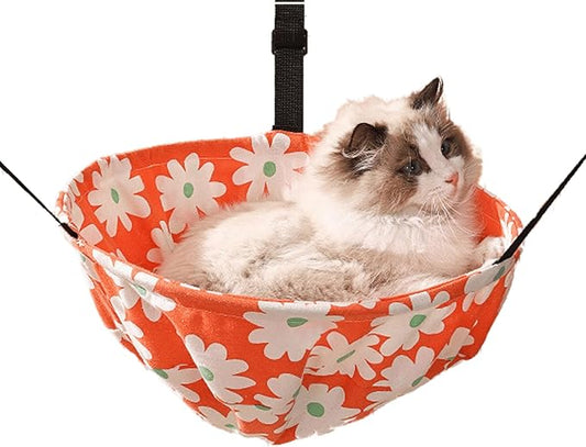Cat Hammock Lounge Cat Hanging Bed for Cage Kennel Chair with Metal Frame, Adjustable Straps, Built-in Steel Support, Suitable for All Seasons (Orange,Large)