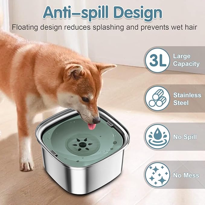 UPSKY 3L Dog Water Bowl 101oz Stainless Steel No Spill Large Capacity Dog Food Water Bowl Slow Water Feeder, Spill Proof Pet Water Dispenser Vehicle Carried Travel Water Bowls