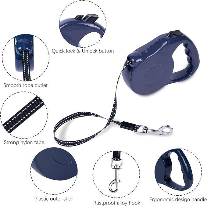 Retractable Dog Leash 16ft, Tangle-Free Expandable Leash for Medium Dogs Up to 33lbs, Easy-Adjust Lock & Anti-Slip Handle for Safe Walks