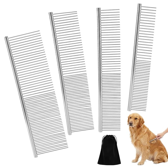 4 Pack Dog Combs for Grooming Matting, Professional Pet Grooming Tools for Removing Tangles and Knots, Stainless Steel Doodle Dog Combs for Long and Short Haired Pet Dogs Cats