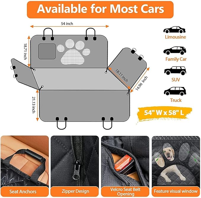 Dog Car Back Seat Cover with Mesh Window 100% Waterproof Nonslip Pet Seat Cover 600D Heavy Duty Scratch Durable Soft Hammock with Side Cover for Car SUV Black&Orange
