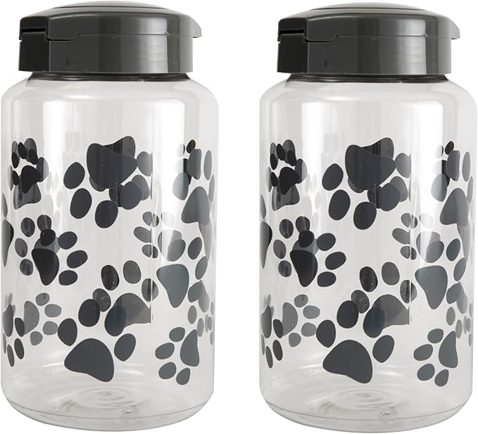 Lixit® Dog Treat Plastic Jar - Airtight Food and Treat Storage Jars for Dogs, Cats, Small Animals and Birds - Made in USA (Paw Prints - Gray, 128 Ounce (Pack of 2))