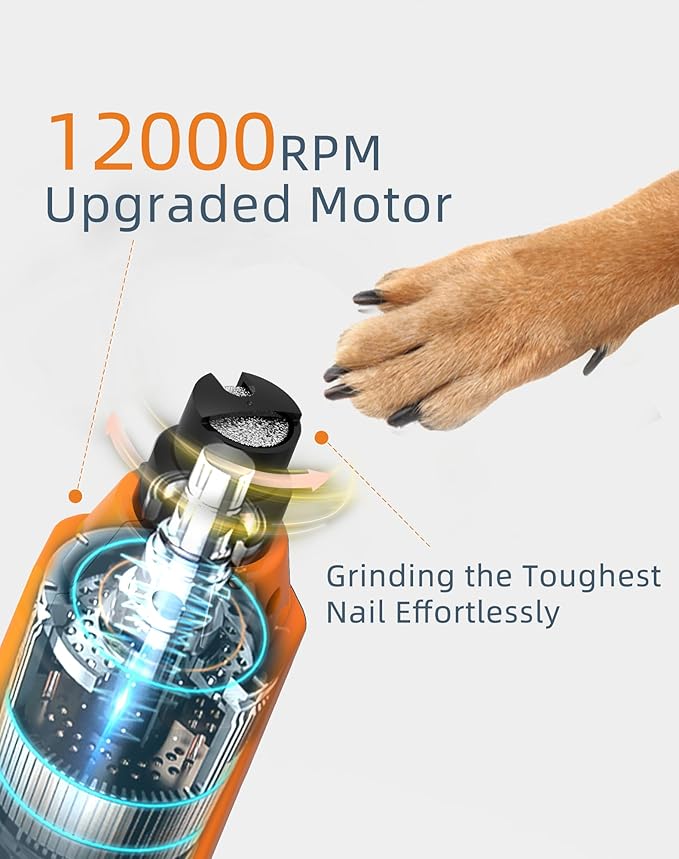 6-Speed Dog Nail Grinder & 2 Extra Grinding Heads Super Quiet 45dB with 2 LED Lights 12000RPM Pet Nail Grinder& 3 Grinding Ports Dog Nail Trimmer for Large Medium Small Dogs with Dust Cap