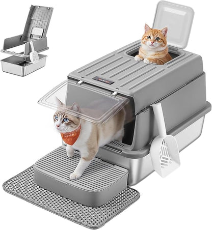 Feandrea Stainless Steel Cat Litter Box with Flip Lid, Litter Catcher Mat and Box, 2 Doors, Scoop, for Cats up to 33 lb, Dove Gray UPPT007GN01