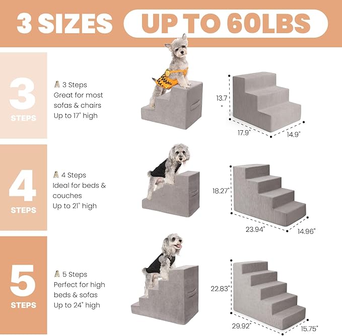 MEWANG Dog Stairs for Small & Medium Dogs and Old Cats –3/4/ 5 Steps High-Density Foam Pet Ramp for Bed & Couch, Non-Slip, Washable Cover, Grey (Square Corner, 3 Steps: 17.95''×14.96''×13.70'')