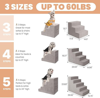 MEWANG Dog Stairs for Small & Medium Dogs and Old Cats –3/4/ 5 Steps High-Density Foam Pet Ramp for Bed & Couch, Non-Slip, Washable Cover, Grey (Square Corner, 3 Steps: 17.95''×14.96''×13.70'')