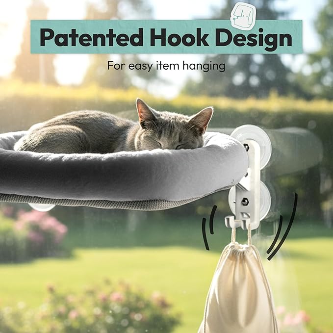 Cordless Cat Window Perch, Foldable Cat Window Hammock, 4 Strong Suction Cups, Solid Metal Frame, Patented Hook Design, Cushion Grey, L