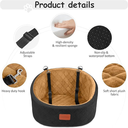 Lealchum Dog Car Seat for Small Dogs Up to 30 Lbs,Ultra Soft Fabric Fill in Comfy Memory Foam,Happy Pet Ride,2 Safety Dog Leashes,Fully Detachable and Washable,Anti Slip Base(Black/Coffee)