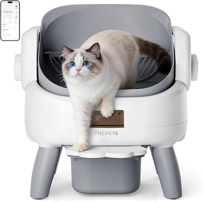 Thereye Automatic Litter Box with Entry Step, Open-Top Self Cleaning Litter Box for Multiple Cats, 11 Safety Protections & App Control, Odor Control Smart Cat Litter Box with Trash Bags/Litter Mat
