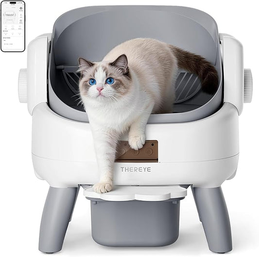 Thereye Automatic Litter Box with Entry Step, Open-Top Self Cleaning Litter Box for Multiple Cats, 11 Safety Protections & App Control, Odor Control Smart Cat Litter Box with Trash Bags/Litter Mat