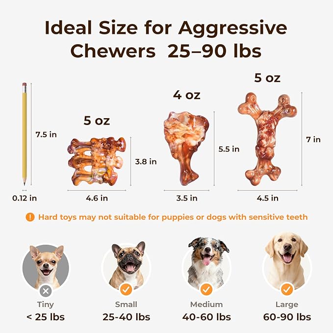 3 Pack Dog Toys for Aggressive Chewers - Tough Durable Nylon Chew Toys Bacon Flavored for Large Dogs 20-90lbs