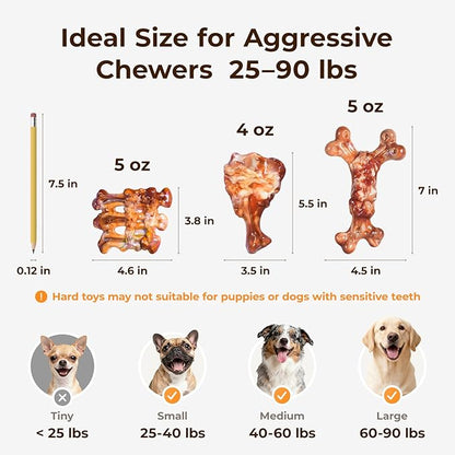 3 Pack Dog Toys for Aggressive Chewers - Tough Durable Nylon Chew Toys Bacon Flavored for Large Dogs 20-90lbs