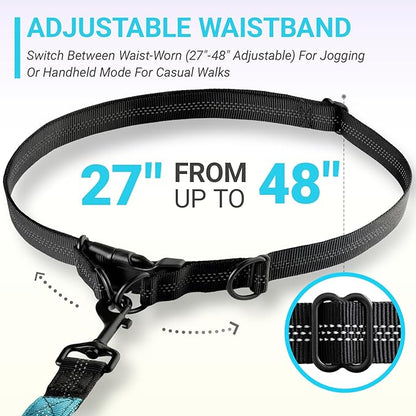 4-6 FT Hands-Free Dog Leash for Running & Walking - Adjustable Waist Belt (28-47"), Shock-Absorbing Bungee, 2 Reinforced Handles, Reflective & Anti-Pull for Small/Medium Dogs, Blue