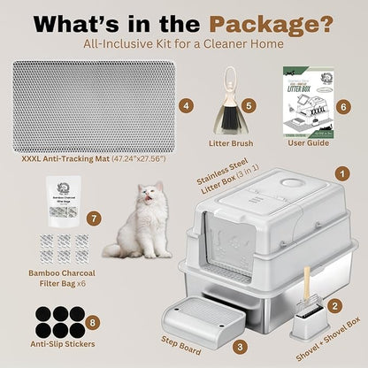 XXXXL Jumbo Stainless Steel Litter Box with Lid for Maine Coon, 28" L x 20" W x 19" H Extra Large Stainless Steel Cat Litter Box for Big Cat and Multi-Cats Families,Non-Sticky, Anti-Leakage
