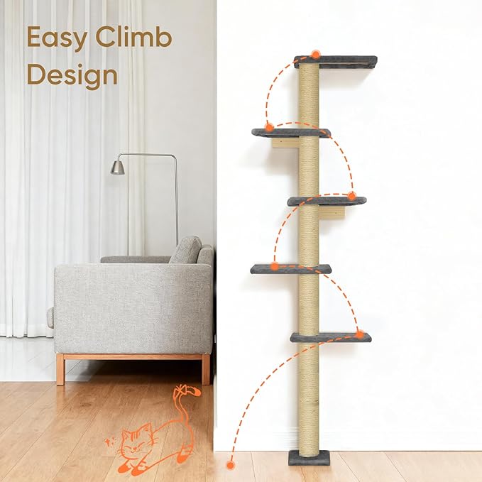 PAWSCRAT Wall-Mounted Cat Tree, 5 Tier Floor to Ceiling Cats Tower, 80 Inch Wall-Mounted Cat Scratching Post, Space Saving Cat Furniture and Easliy Climb for All Cats, Darkgery