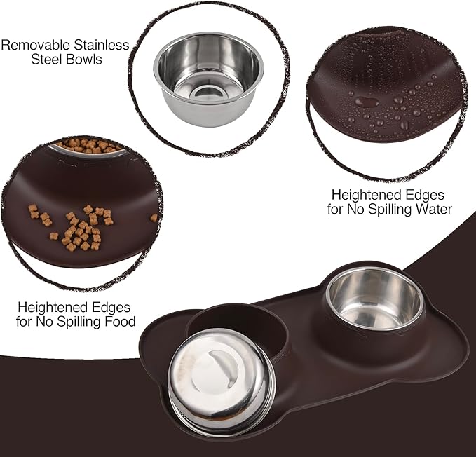Dog Bowls 2 Stainless Steel Bowl for Pet Water and Food Feeder with Non Spill Skid Resistant Silicone Mat for Pets Puppy Small Medium Cats Dogs
