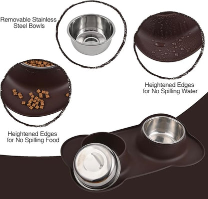 Dog Bowls 2 Stainless Steel Bowl for Pet Water and Food Feeder with Non Spill Skid Resistant Silicone Mat for Pets Puppy Small Medium Cats Dogs