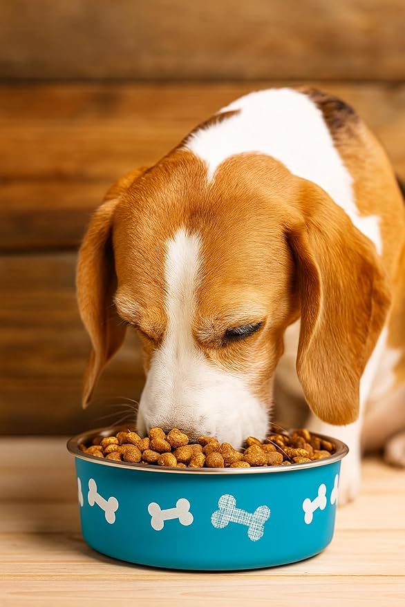 Printed Teal Blue Stainless Steel Dog Bowl with Anti-Skid Base, 15.89 oz | Food & Water Bowl for Small Dogs, Puppies & Cats, Durable Metal Pet Bowl