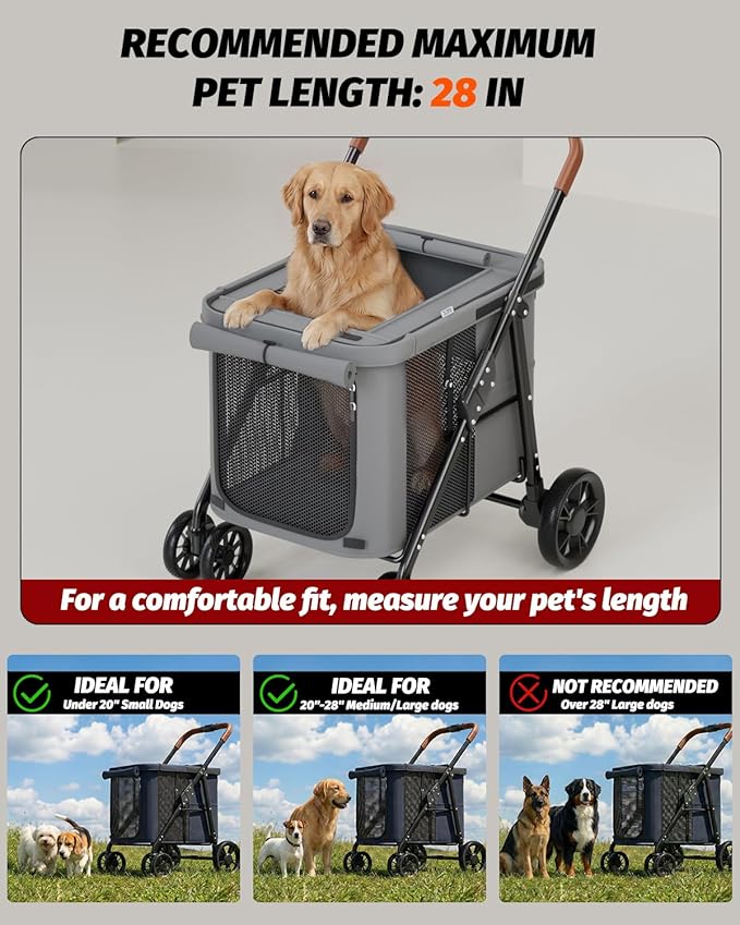 Dog Stroller for Large & Medium Dogs, Pet Stroller for 2 Small Dogs Up to 80 Lbs, Extra Large Heavy Duty, Folding & Breathable, All-Terrain Wheels, Grey